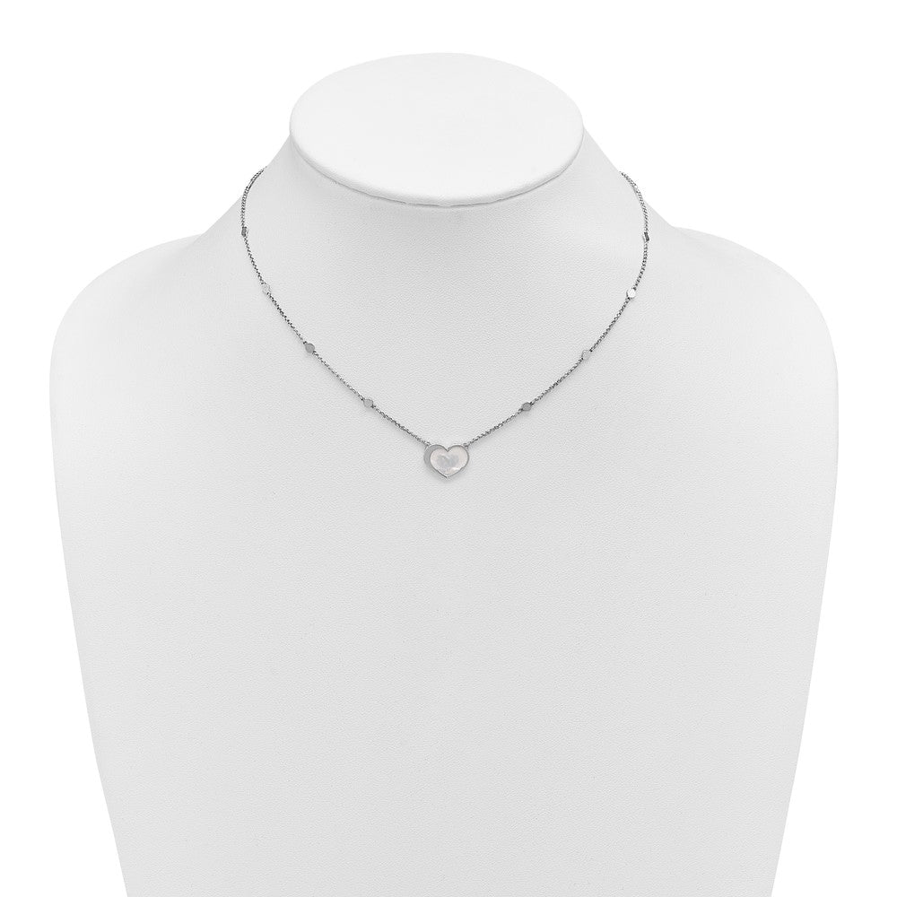 Sterling Silver Rhod-plated Mother of Pearl Heart 16in w/1in ext Necklace