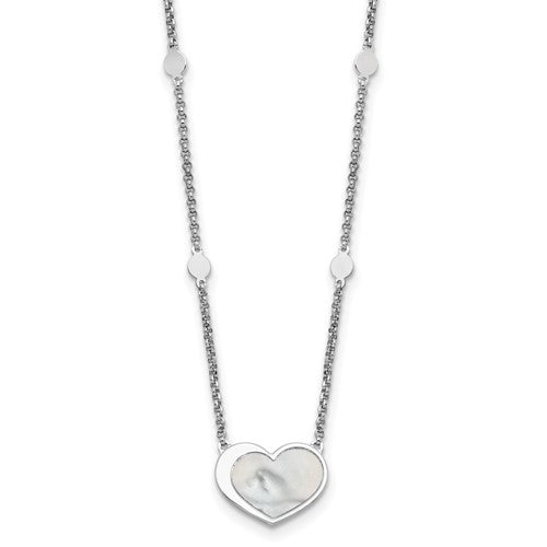 Sterling Silver Rhod-plated Mother of Pearl Heart 16in w/1in ext Necklace