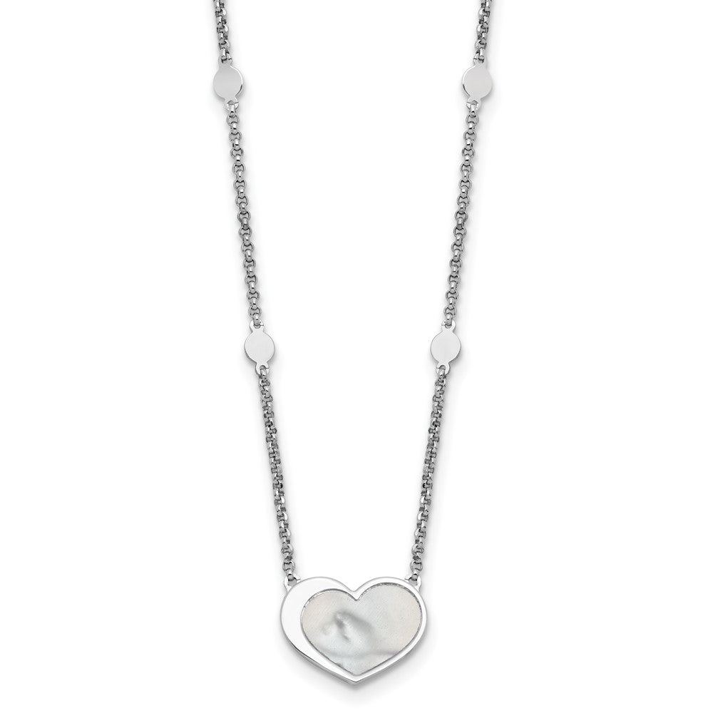 Sterling Silver Rhod-plated Mother of Pearl Heart 16in w/1in ext Necklace