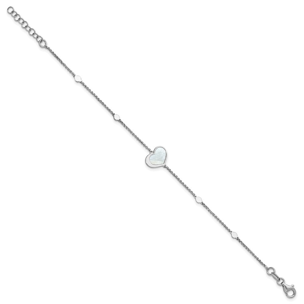 Sterling Silver Rhod-plated Mother of Pearl Heart 6.5in w/1in ext Bracelet
