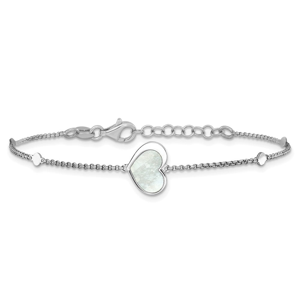 Sterling Silver Rhod-plated Mother of Pearl Heart 6.5in w/1in ext Bracelet