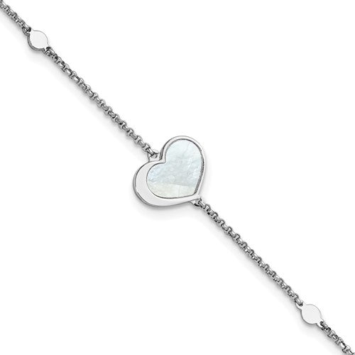 Sterling Silver Rhod-plated Mother of Pearl Heart 6.5in w/1in ext Bracelet