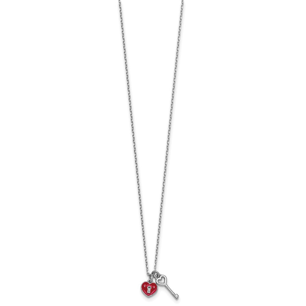 Sterling Silver Rhod-plat Enamel Heart Lock w/Key 16in w/1in ext Necklace
