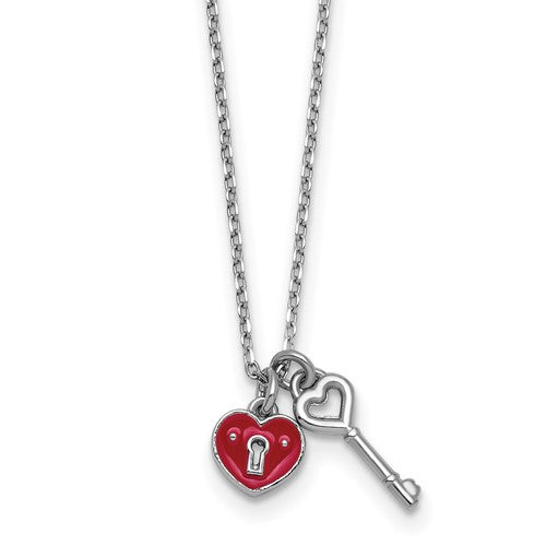 Sterling Silver Rhod-plat Enamel Heart Lock w/Key 16in w/1in ext Necklace