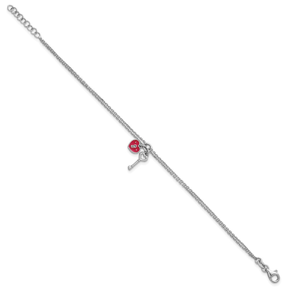 Sterling Silver Rh-plat 2 Strand Enamel Heart Lock Key w/.75in ext Bracelet