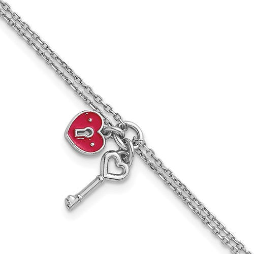 Sterling Silver Rh-plat 2 Strand Enamel Heart Lock Key w/.75in ext Bracelet