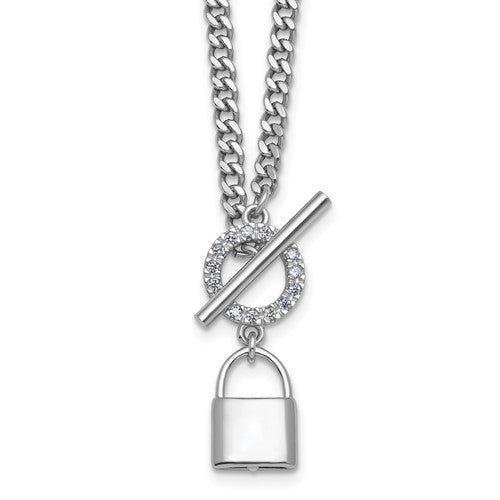 Sterling Silver Rhodium-plated CZ 16 w/2in ext Lock Pendant Necklace