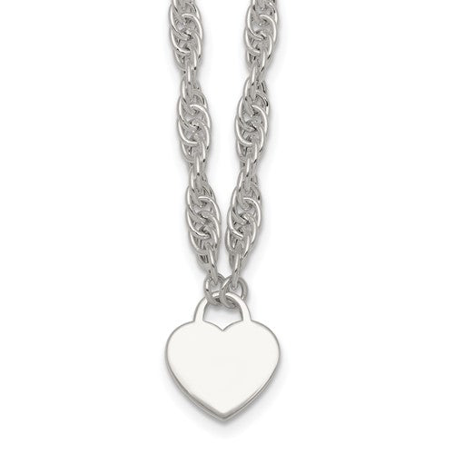 Sterling Silver Polished Engravable Heart 16in w/2in Ext Necklace