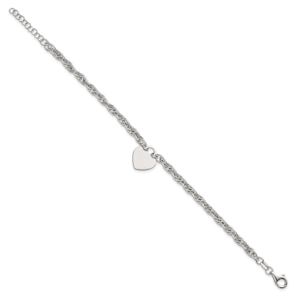 Sterling Silver Polished Fancy Engravable Heart 7in w/1in Ext Bracelet
