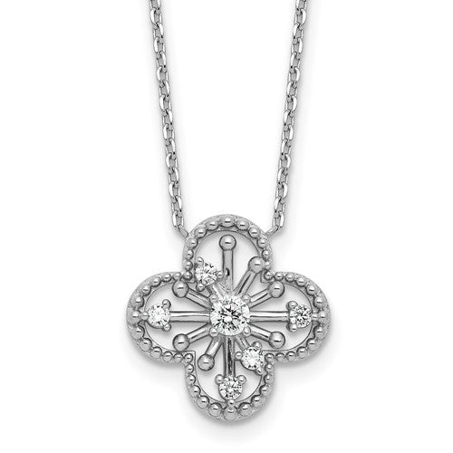 Sterling Silver Rhodium-plated CZ Clover Shape 16in w/1.25in ext Necklace