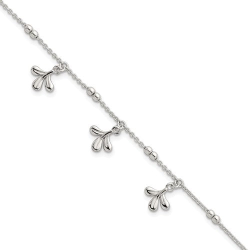 Sterling Silver Polished and Beaded 3 Leaf w/1in Ext Bracelet