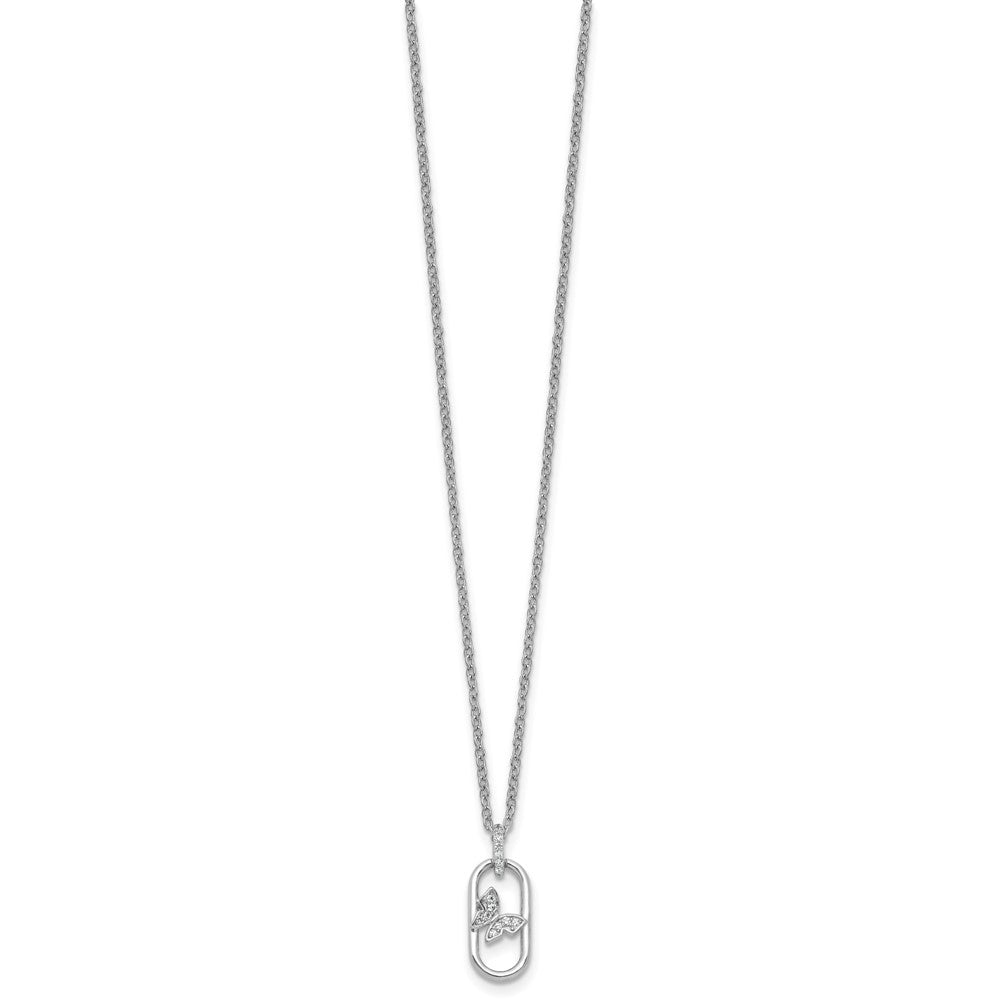 Sterling Silver RH-plated CZ Oval with Butterfly 16in w/1.5in Ext Necklace
