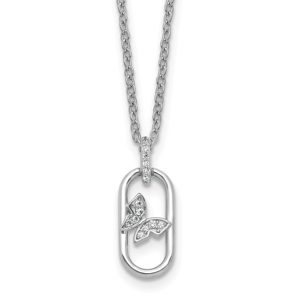 Sterling Silver RH-plated CZ Oval with Butterfly 16in w/1.5in Ext Necklace