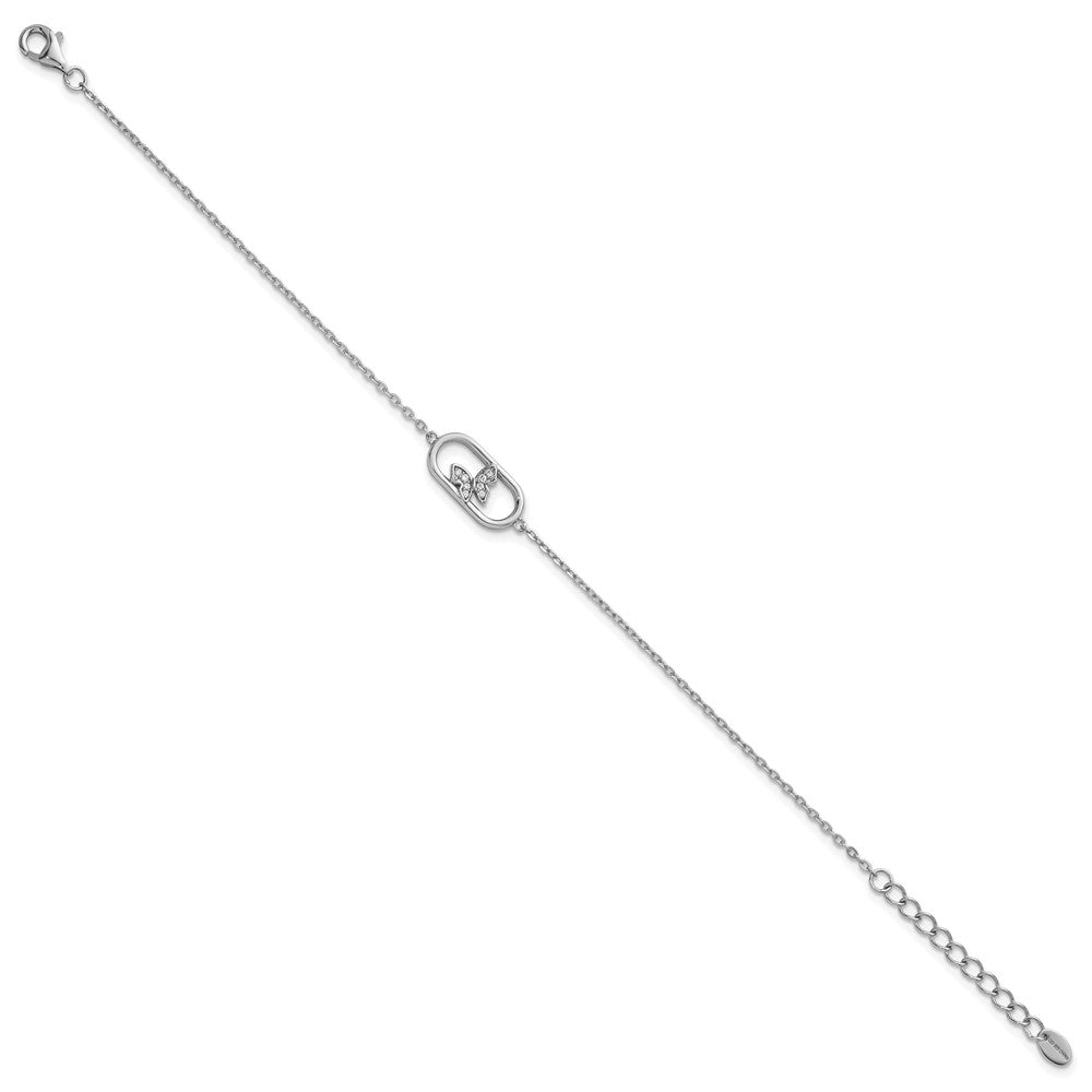 Sterling Silver Rh-plated CZ Oval with Butterfly 7in w/1in ext Bracelet