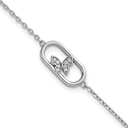Sterling Silver Rh-plated CZ Oval with Butterfly 7in w/1in ext Bracelet