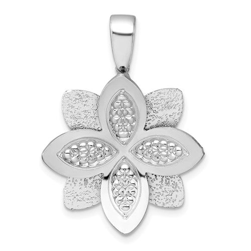 Sterling Silver Rhodium-plated Polished Textured Flower Pendant
