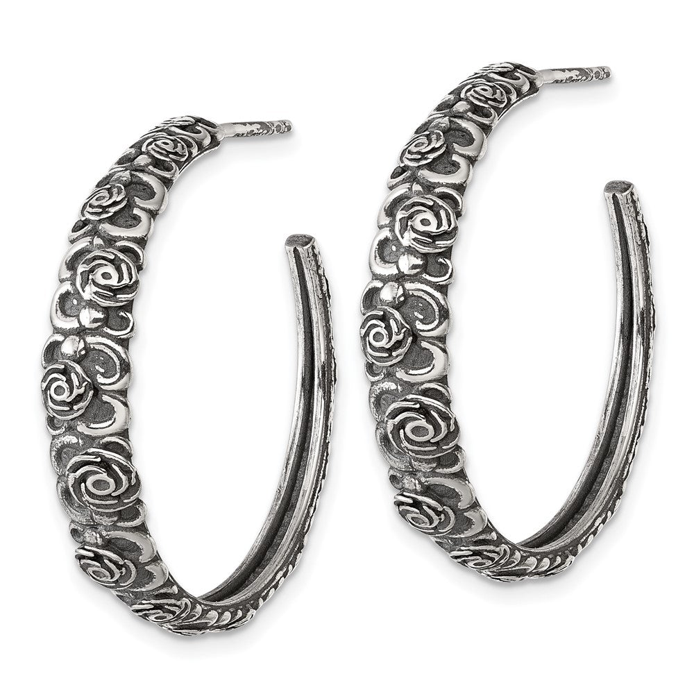 Sterling Silver Antiqued Graduated Floral Post Hoop Earrings