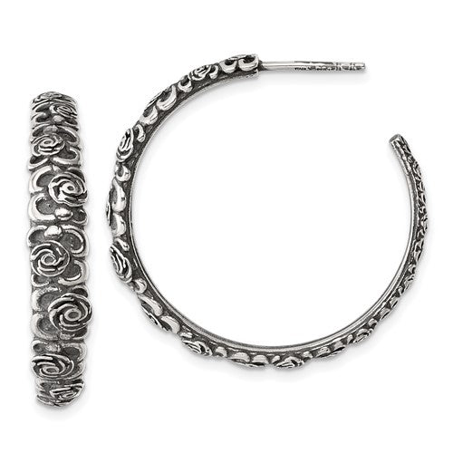 Sterling Silver Antiqued Graduated Floral Post Hoop Earrings