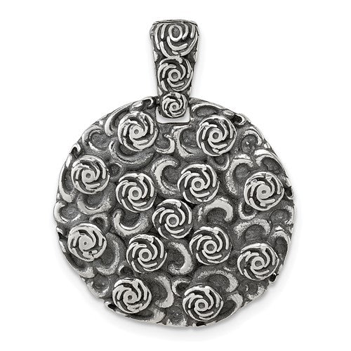 Sterling Silver Antiqued Floral Round Disc Pendant