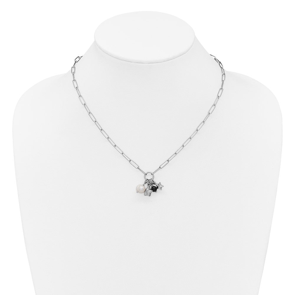 SS RH-pl FWC Pearl/Star/Acrylic Bead 17.75in w/2in ext. Paperclip Necklace