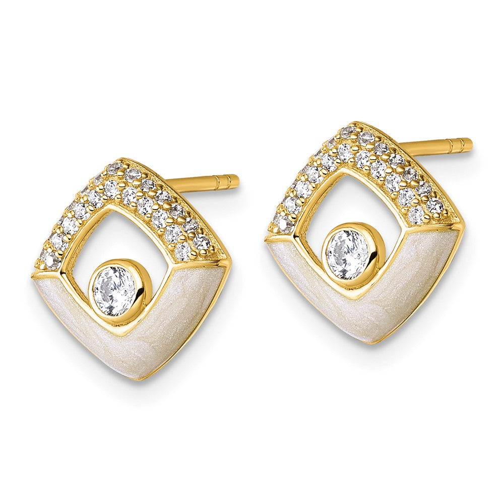 Sterling Silver Gold-tone CZ Enamel Polished Square Post Earrings