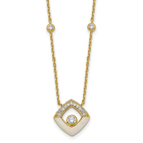 Sterling Silver Gold-tone CZ Enamel 16in w/1.5in Ext Necklace