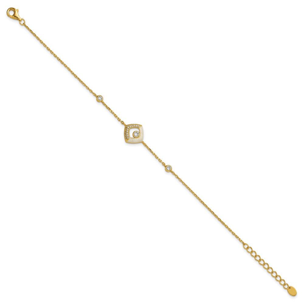 Sterling Silver Gold-tone CZ Enamel Square 7in w/.5in ext Bracelet