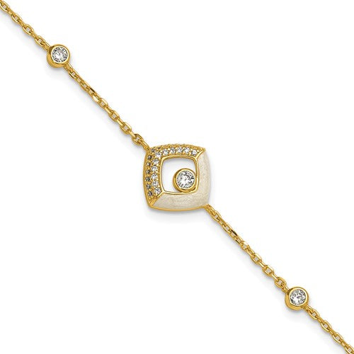 Sterling Silver Gold-tone CZ Enamel Square 7in w/.5in ext Bracelet