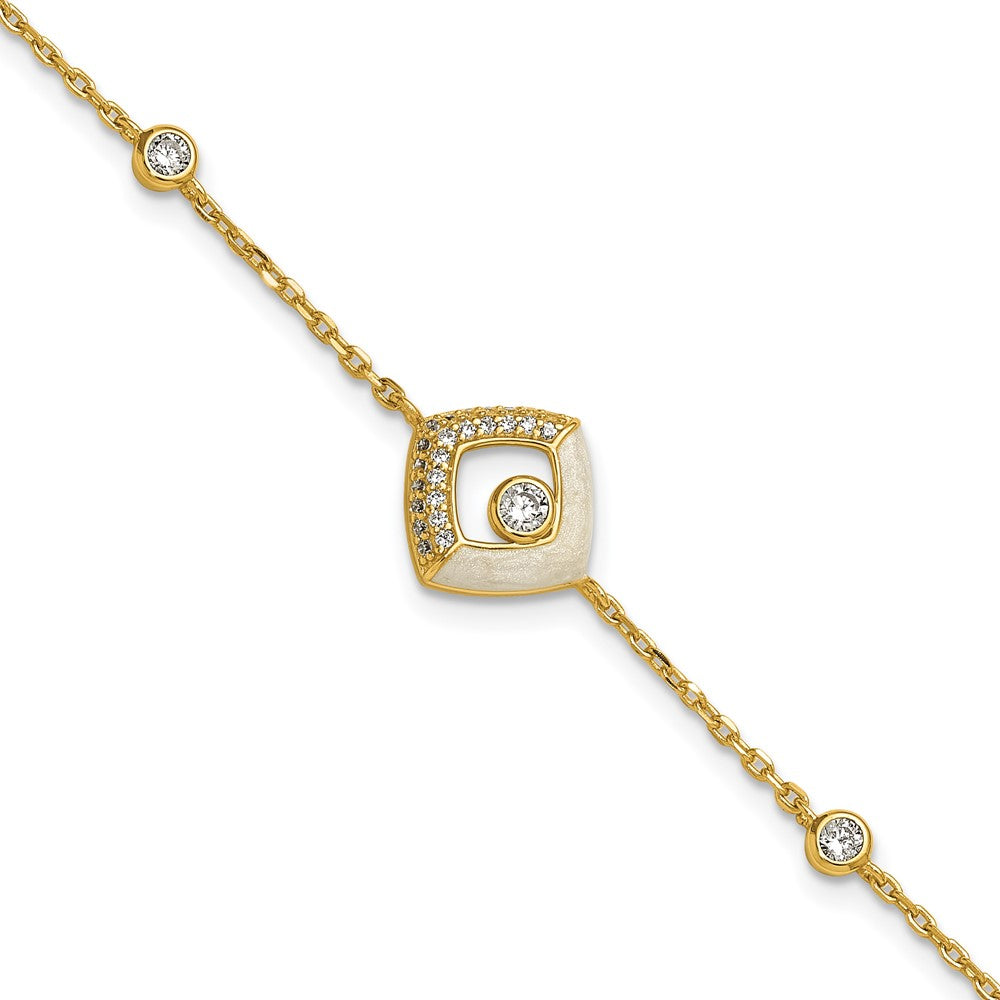 Sterling Silver Gold-tone CZ Enamel Square 7in w/.5in ext Bracelet