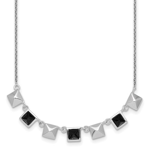 Sterling Silver RH-plated Polished Squares Black CZ 17.75in Necklace