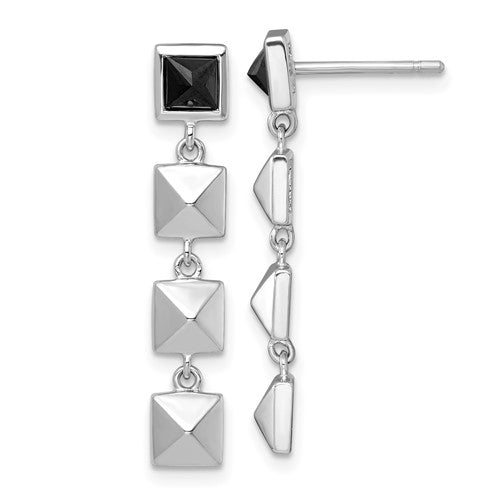 SS RH-plated Polished Squares Black CZ Post Dangle Earrings