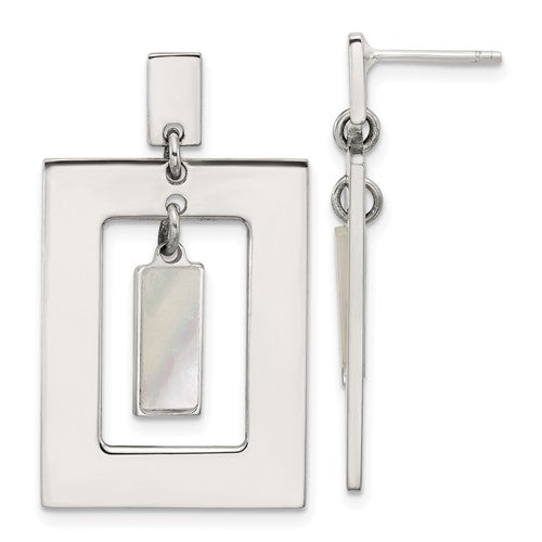 Sterling Silver Rectangle Mother of Pearl Post Dangle Earrings