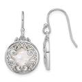 Sterling Silver RH-plated Filigree Mother of Pearl Circle Dangle Earrings