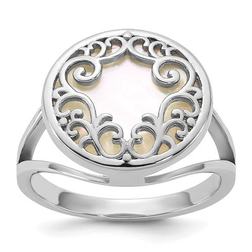 Sterling Silver RH-plated Polished Filigree MOP Circle Ring