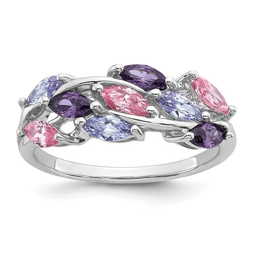 Sterling Silver RH-plated Polished Fancy Pink and Purple CZ Ring