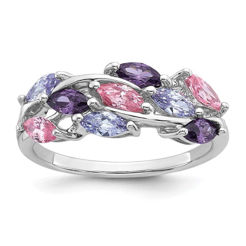 Sterling Silver RH-plated Polished Fancy Pink and Purple CZ Ring