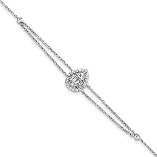 SSilver RH-plated Polished 2-strand CZ Teardrop 7in w/1.5in Ext Bracelet