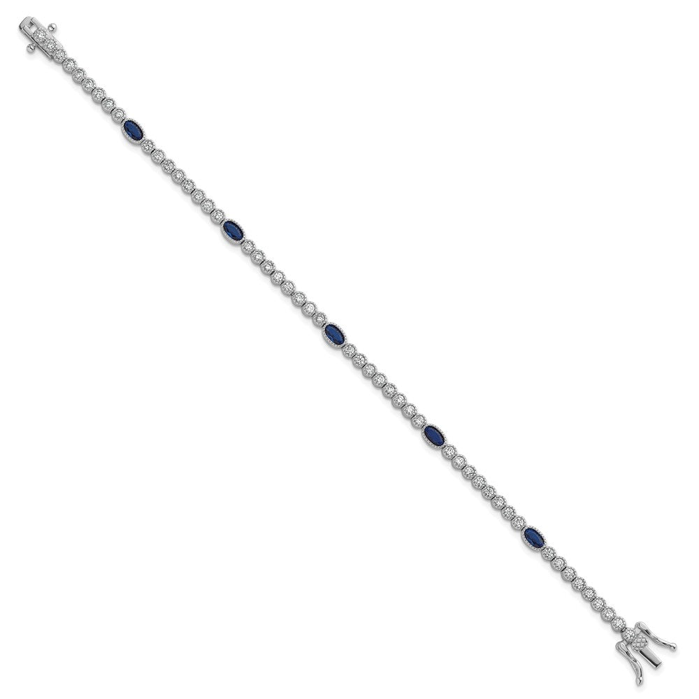 Sterling Silver RH-plated Polished Blue and White CZ 7in Bracelet