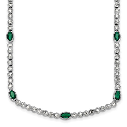 Sterling Silver RH-plated Polished Green and White CZ Necklace