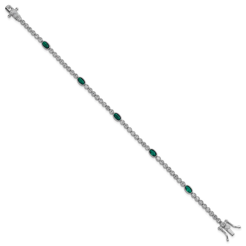 Sterling Silver RH-plated Polished Green and White CZ 7in Bracelet