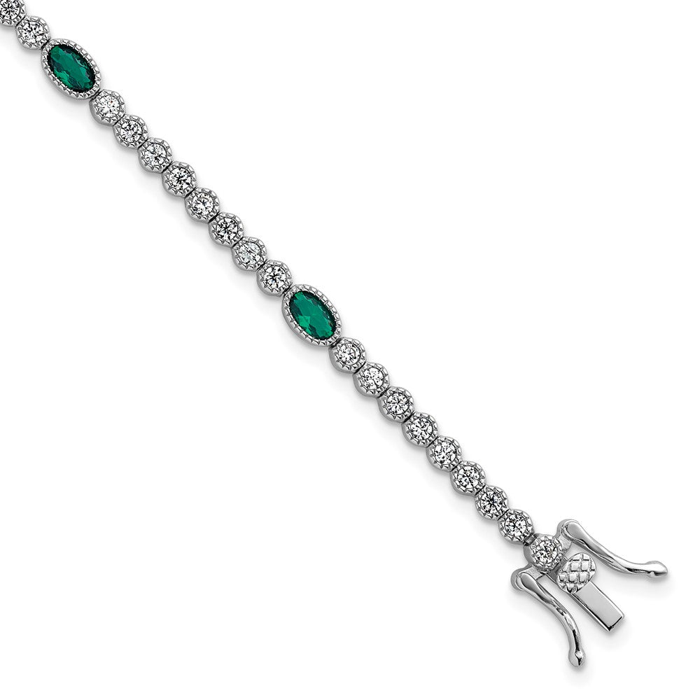 Sterling Silver RH-plated Polished Green and White CZ 7in Bracelet