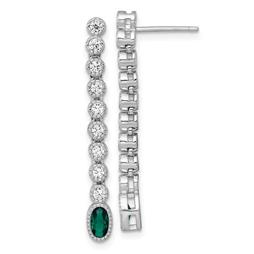 Sterling Silver RH-plated Polished Green/White CZ Post Dangle Earrings
