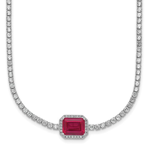 Sterling Silver RH-plated Red and White CZ 16in w/ 2in Ext Tennis Necklace