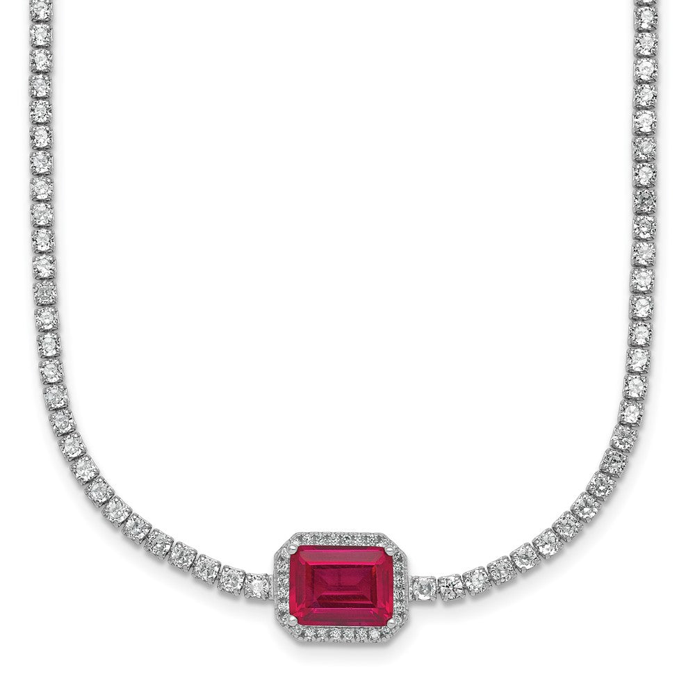 Sterling Silver RH-plated Red and White CZ 16in w/ 2in Ext Tennis Necklace