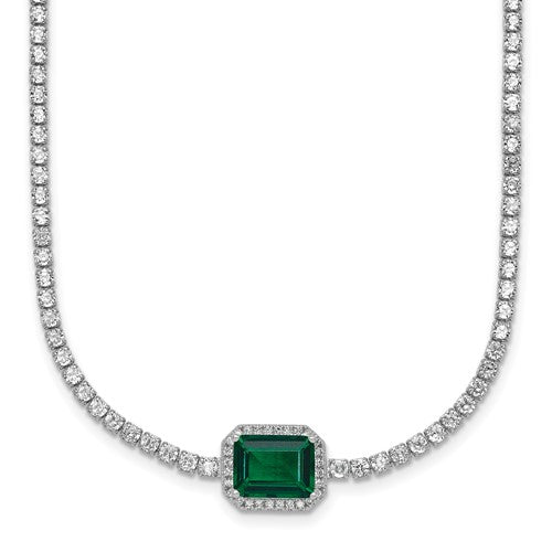 Sterling Silver RH-plated Green and White CZ 16in w/ 2in Ext Tennis Necklac