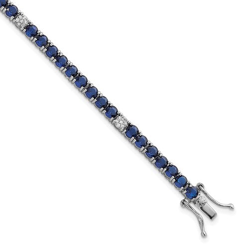 Sterling Silver RH-plated Polished Blue and White CZ 7in Tennis Bracelet