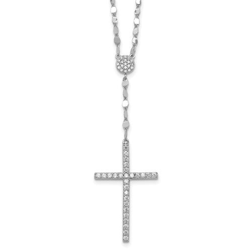 Sterling Silver RH-plated Polished CZ Cross 16in w/2in Ext Necklace