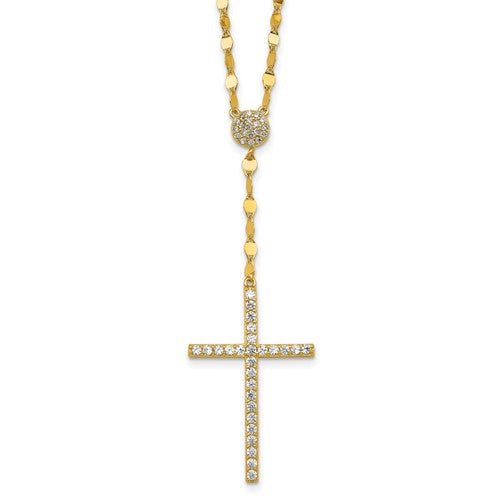 Sterling Silver Gold-tone Polished CZ Cross 16in w/2in Ext Necklace