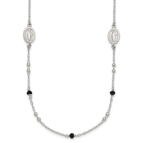 Sterling Silver Textured Black Glass Beads Miraculous Medal Necklace
