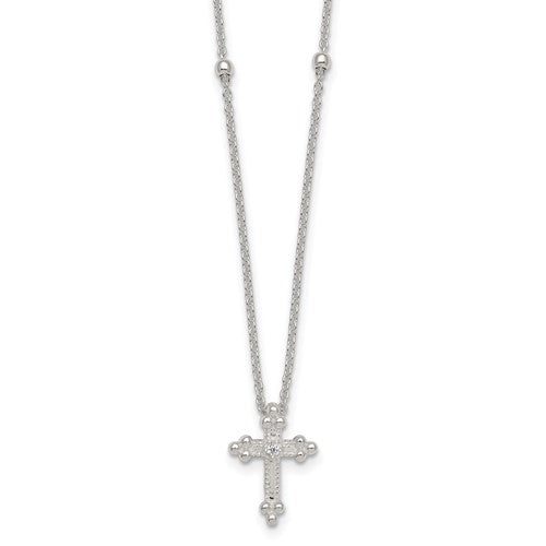 Sterling Silver Polished and Beaded CZ Cross w/ 1in Ext Necklace